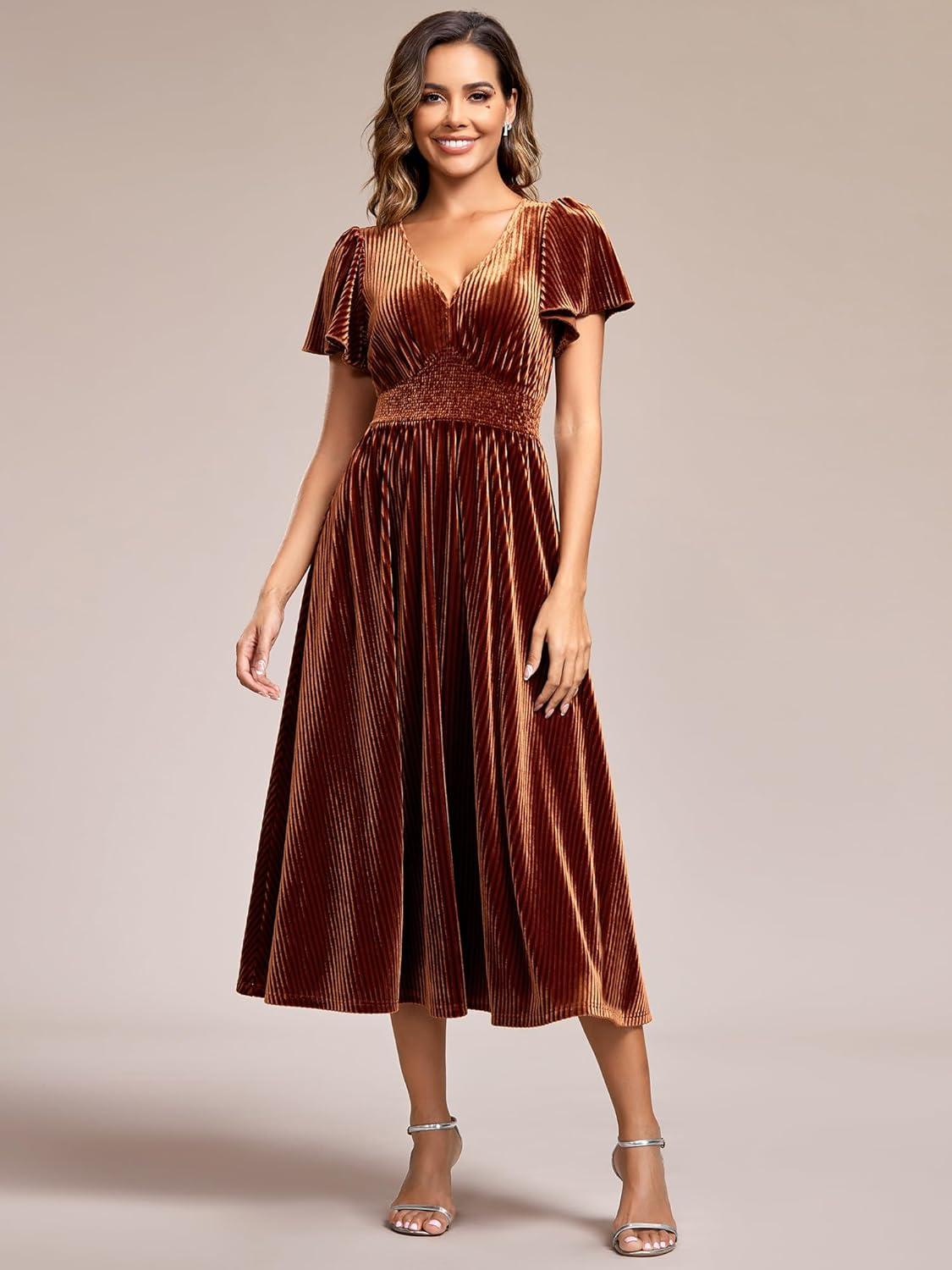 imageEverPretty Womens Fall Winter V Neck Short Sleeves A Line Elastic Waist Midi Length Velvet Wedding Guest Dress 01939Caramel