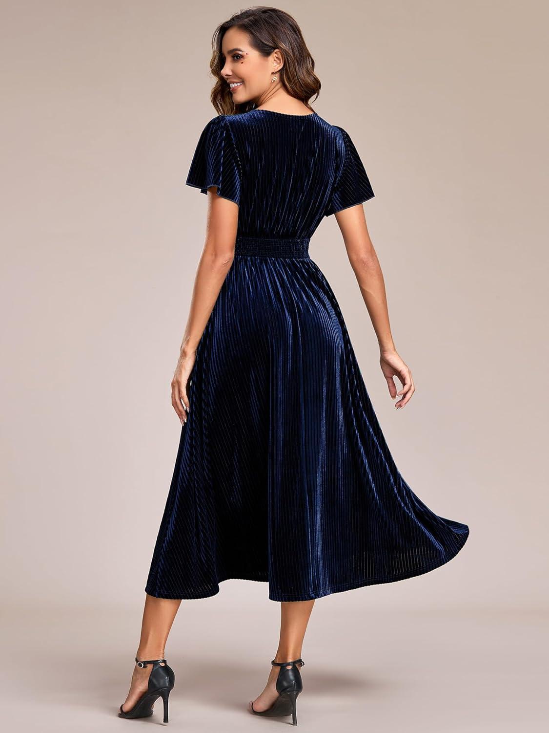 imageEverPretty Womens Fall Winter V Neck Short Sleeves A Line Elastic Waist Midi Length Velvet Wedding Guest Dress 01939Navy Blue