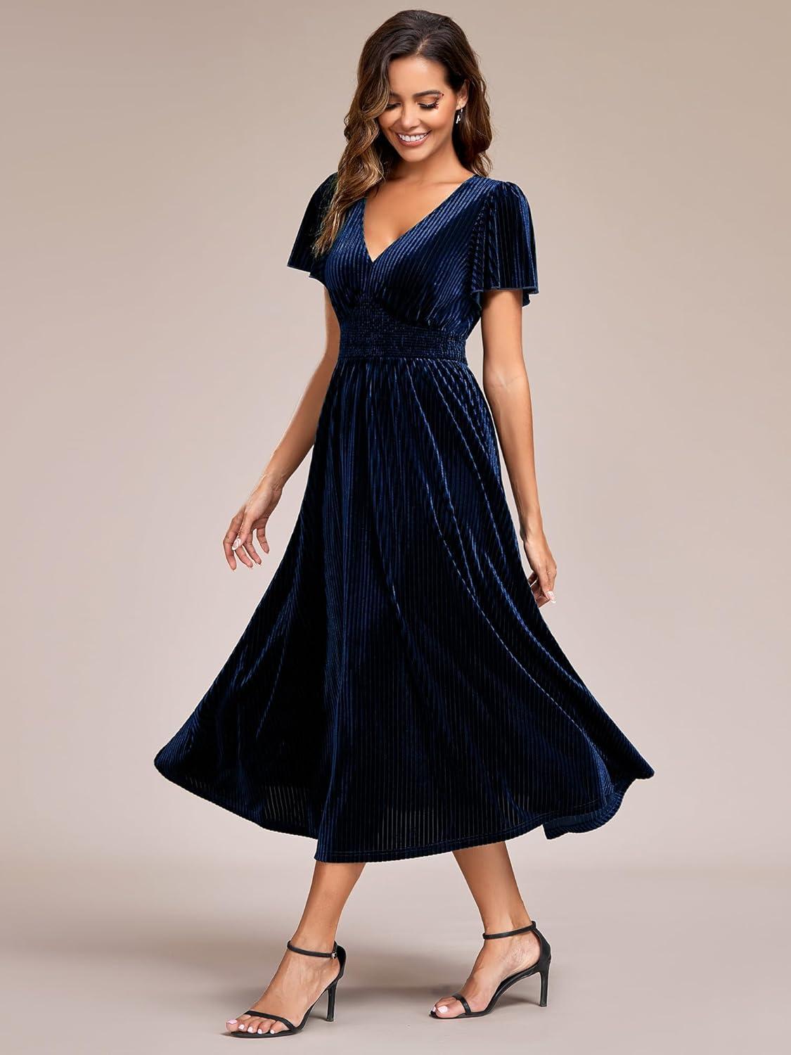 imageEverPretty Womens Fall Winter V Neck Short Sleeves A Line Elastic Waist Midi Length Velvet Wedding Guest Dress 01939Navy Blue