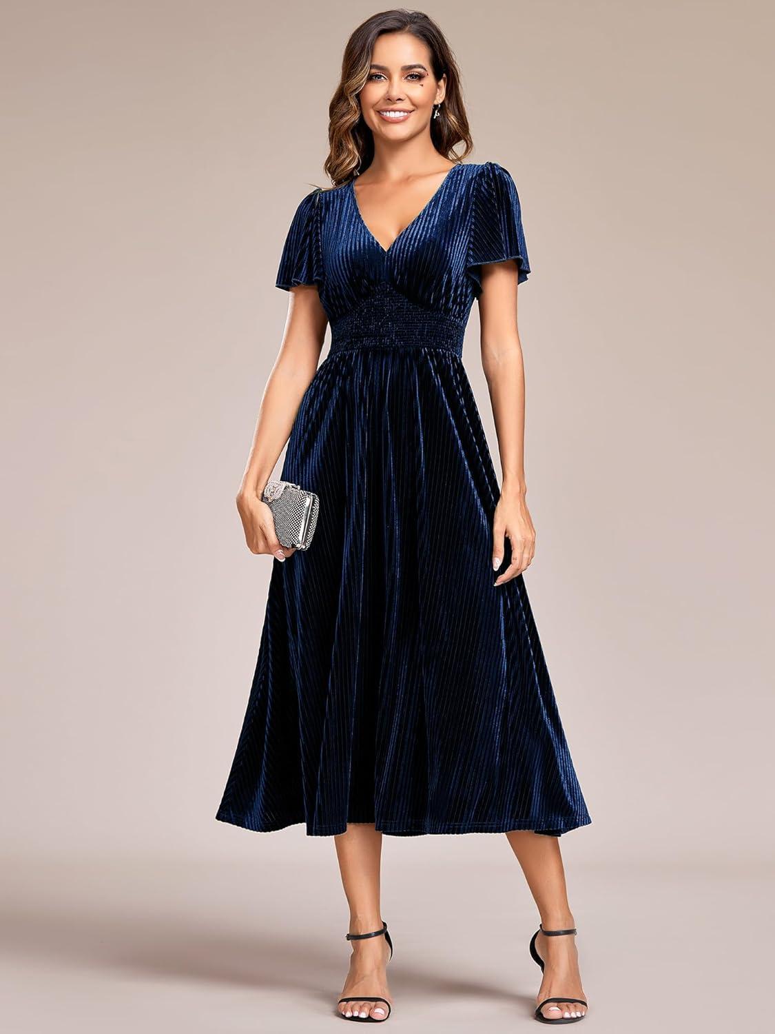 imageEverPretty Womens Fall Winter V Neck Short Sleeves A Line Elastic Waist Midi Length Velvet Wedding Guest Dress 01939Navy Blue