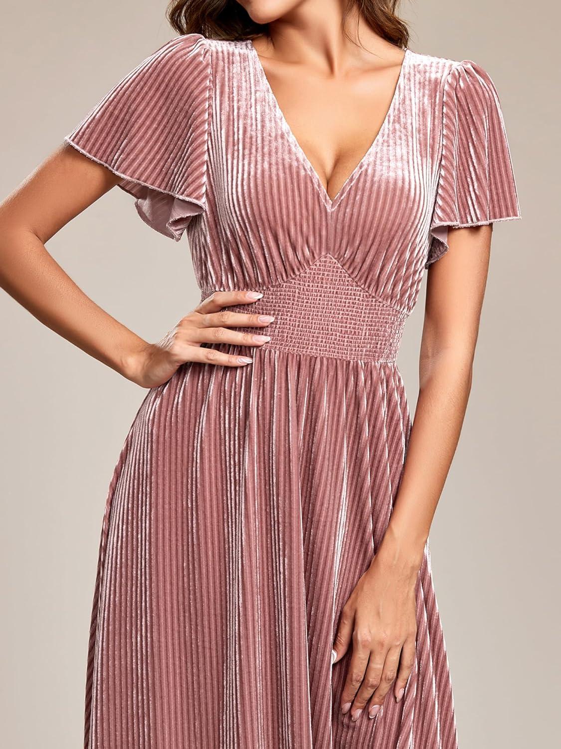 imageEverPretty Womens Fall Winter V Neck Short Sleeves A Line Elastic Waist Midi Length Velvet Wedding Guest Dress 01939Orchid