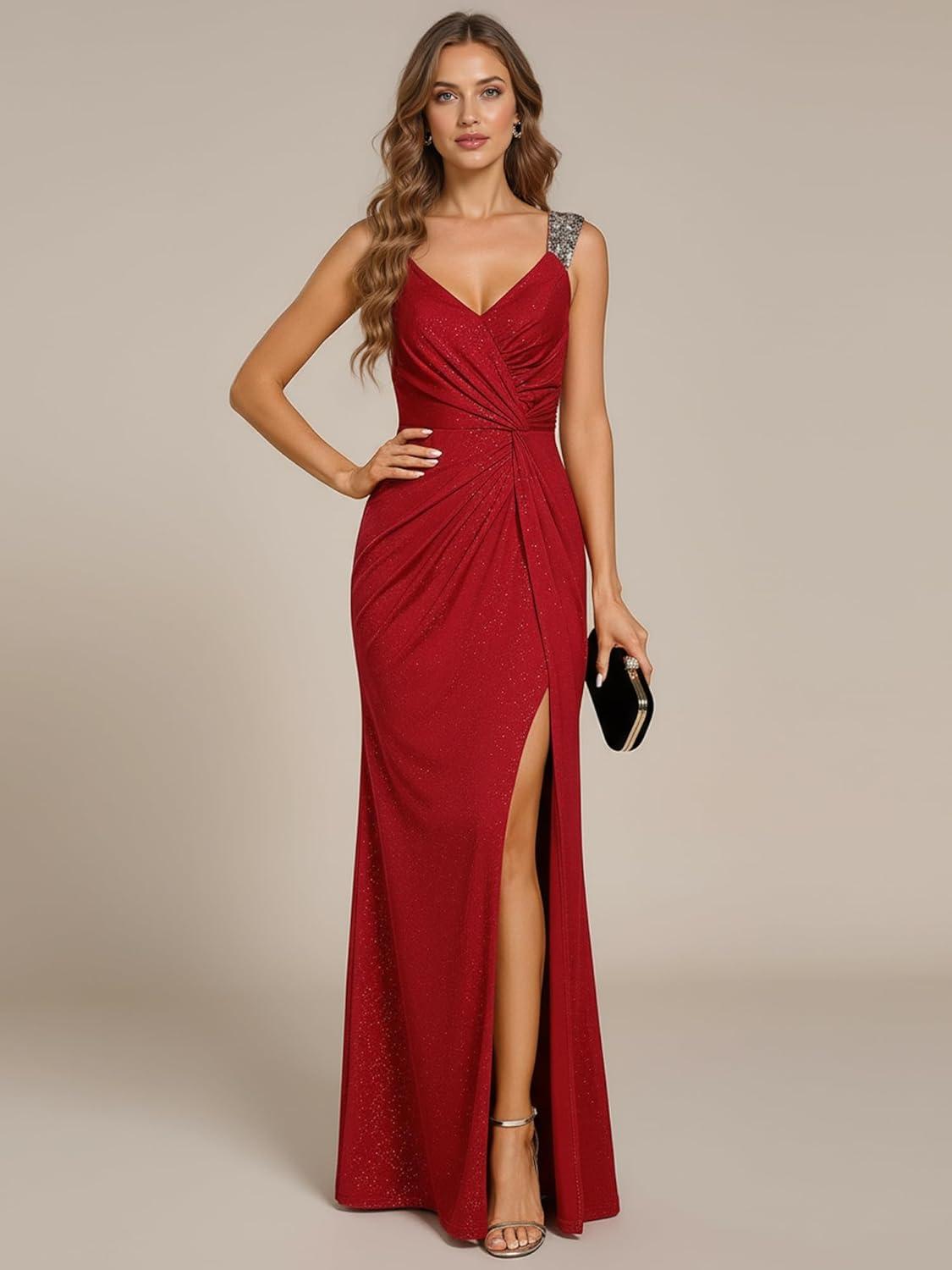 imageEverPretty Womens Glitter Evening Dresses Womens V Neck Stretchy High Slit Sequin Shoulder Strap Formal Gowns 01888Red