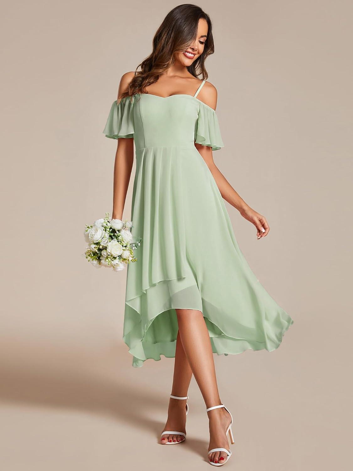 imageEverPretty Womens Summer Cold Shoulder HiLo Asymmetrical Hem Flowy Chiffon Short Wedding Guest Dress Mint Green US22
