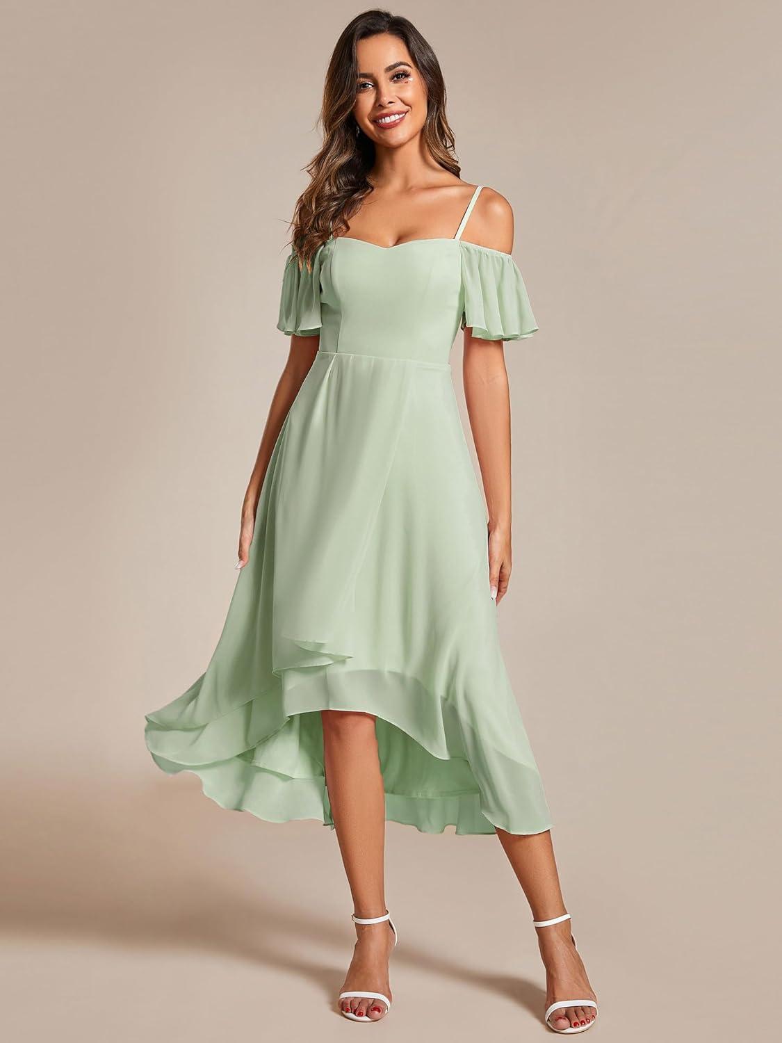 imageEverPretty Womens Summer Cold Shoulder HiLo Asymmetrical Hem Flowy Chiffon Short Wedding Guest Dress Mint Green US22