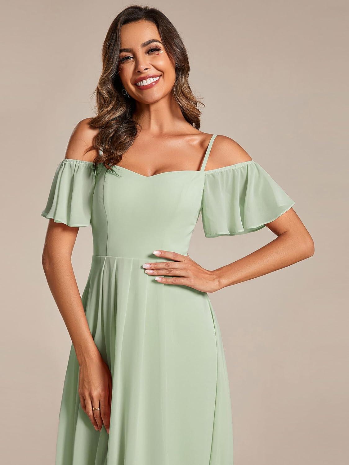 imageEverPretty Womens Summer Cold Shoulder HiLo Asymmetrical Hem Flowy Chiffon Short Wedding Guest Dress Mint Green US22