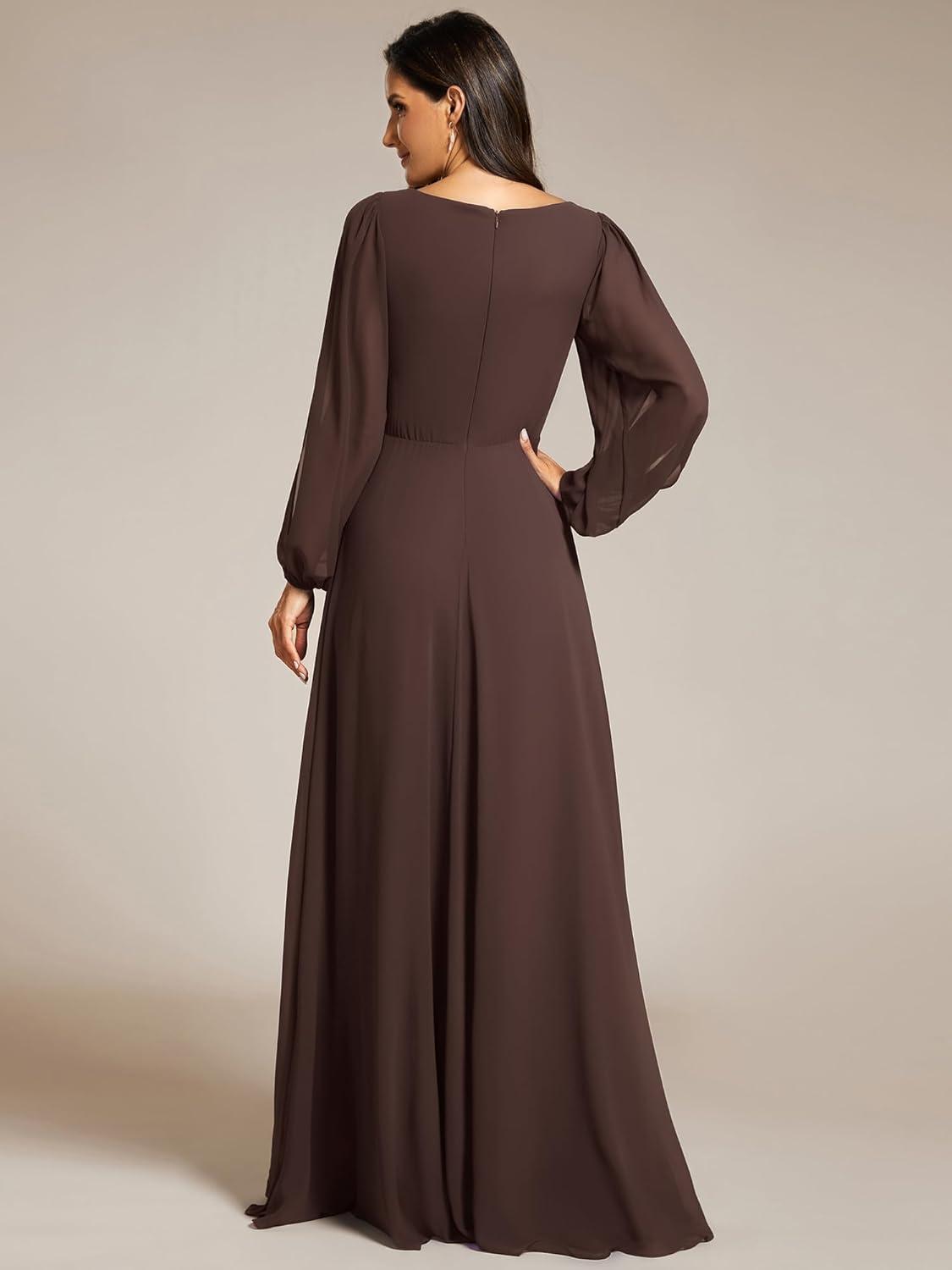 imageEverPretty Womens V Neck Long Lantern Sleeves Floor Length Ruched Chiffon ALine Formal Evening Dress 00461Espresso