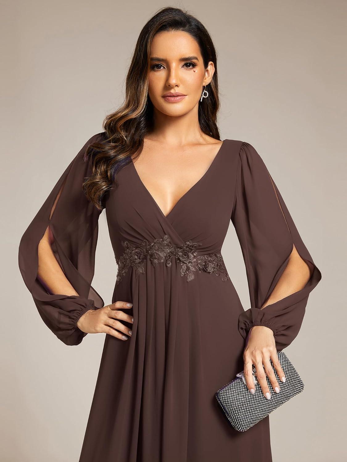 imageEverPretty Womens V Neck Long Lantern Sleeves Floor Length Ruched Chiffon ALine Formal Evening Dress 00461Espresso