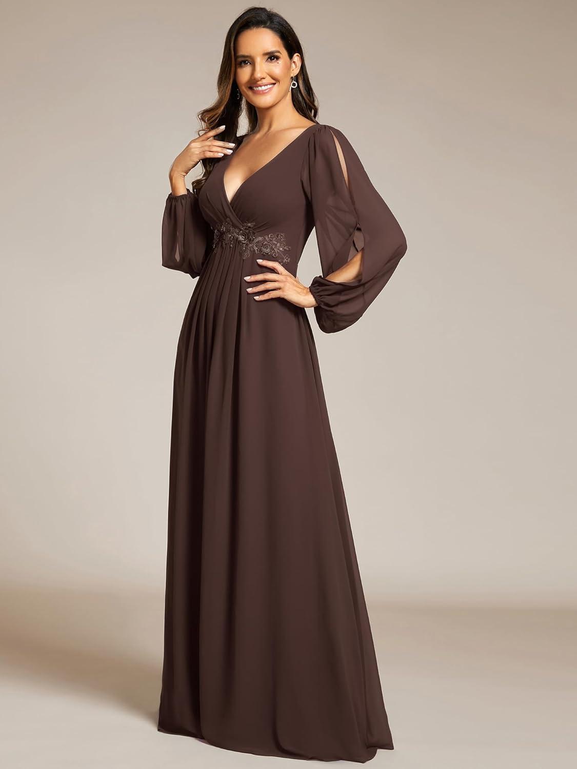 imageEverPretty Womens V Neck Long Lantern Sleeves Floor Length Ruched Chiffon ALine Formal Evening Dress 00461Espresso