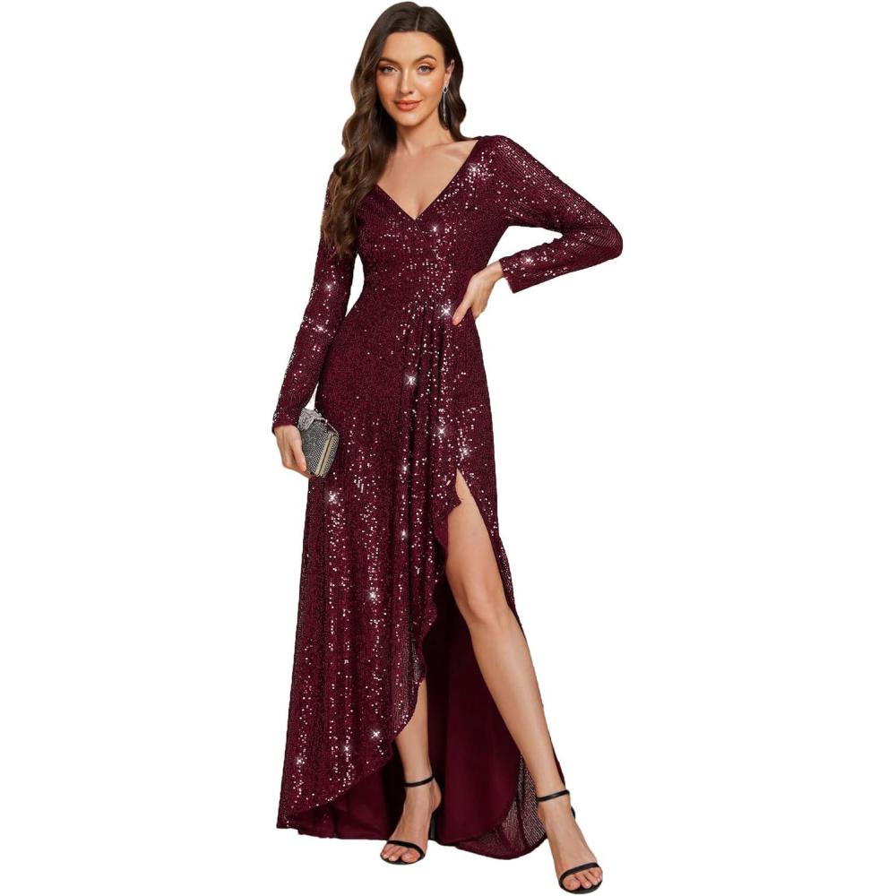 imageEverPretty Womens Elegant Sequin Long Sleeves V Neck High Slit Maxi Formal Evening DressesBurgundy