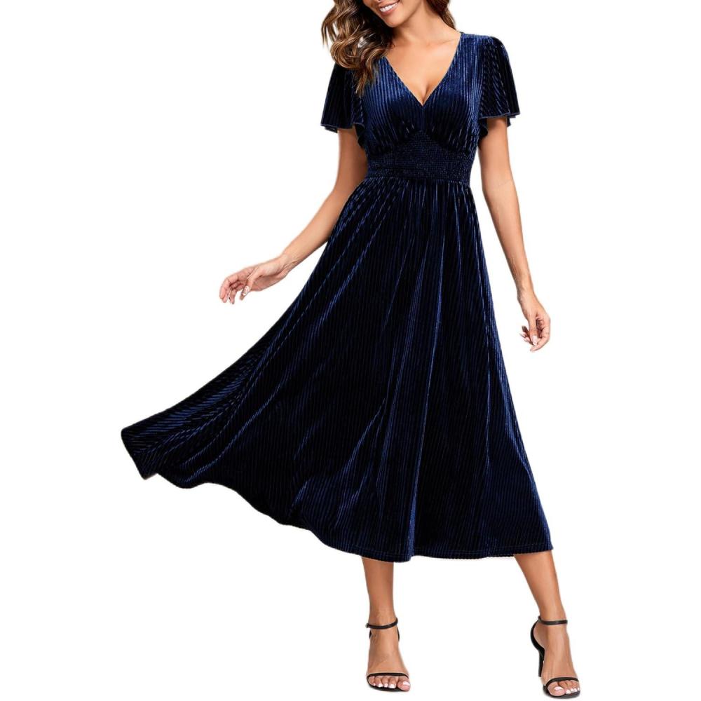 imageEverPretty Womens Fall Winter V Neck Short Sleeves A Line Elastic Waist Midi Length Velvet Wedding Guest Dress 01939Navy Blue