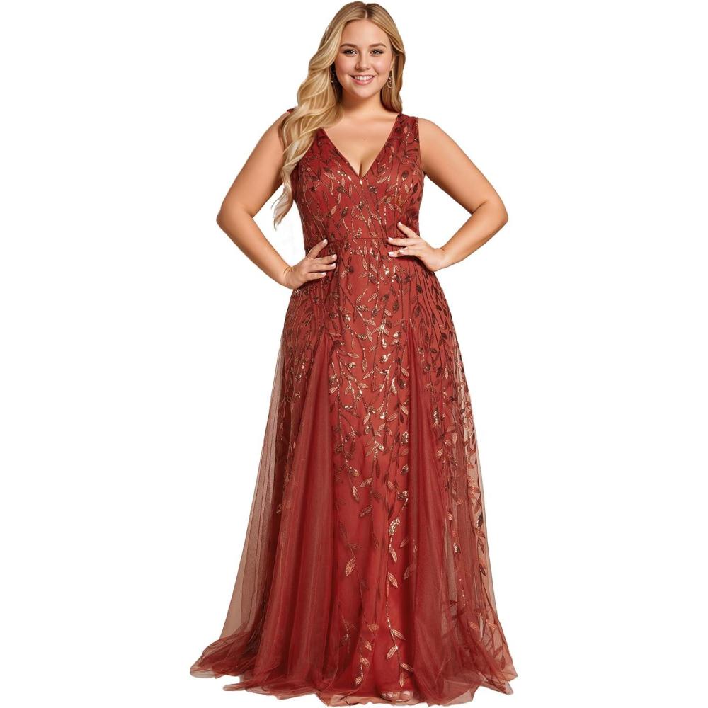imageEverPretty Womens Sexy Sleeveless VNeck Evening Gowns Empire Waist Sequin Embroidery Formal DressAburnt Orange