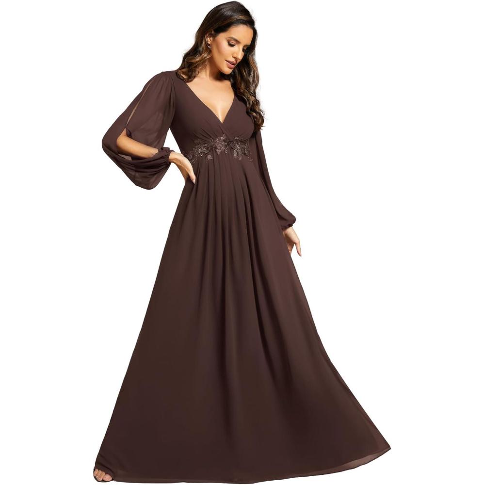 imageEverPretty Womens V Neck Long Lantern Sleeves Floor Length Ruched Chiffon ALine Formal Evening Dress 00461Espresso