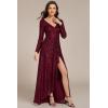 imageEverPretty Womens Elegant Sequin Long Sleeves V Neck High Slit Maxi Formal Evening DressesBurgundy