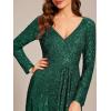 imageEverPretty Womens Elegant Sequin Long Sleeves V Neck High Slit Maxi Formal Evening DressesDark Green