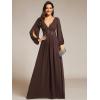 imageEverPretty Womens V Neck Long Lantern Sleeves Floor Length Ruched Chiffon ALine Formal Evening Dress 00461Espresso