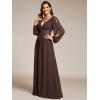 imageEverPretty Womens V Neck Long Lantern Sleeves Floor Length Ruched Chiffon ALine Formal Evening Dress 00461Espresso