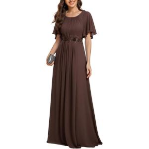imageEverPretty Womens Classic Round Neck Pleated Short Sleeves Chiffon Appliques Floor Length A Line Formal Evening DressesEspresso