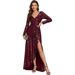 imageEverPretty Womens Elegant Sequin Long Sleeves V Neck High Slit Maxi Formal Evening DressesBurgundy