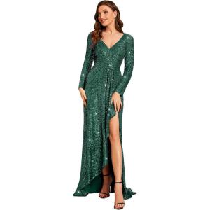 imageEverPretty Womens Elegant Sequin Long Sleeves V Neck High Slit Maxi Formal Evening DressesDark Green