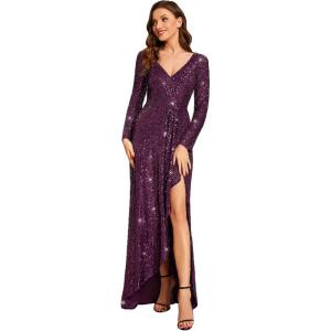 imageEverPretty Womens Elegant Sequin Long Sleeves V Neck High Slit Maxi Formal Evening DressesDark Purple