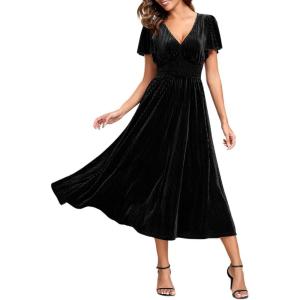 imageEverPretty Womens Fall Winter V Neck Short Sleeves A Line Elastic Waist Midi Length Velvet Wedding Guest Dress 01939Black