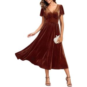 imageEverPretty Womens Fall Winter V Neck Short Sleeves A Line Elastic Waist Midi Length Velvet Wedding Guest Dress 01939Caramel