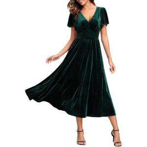 imageEverPretty Womens Fall Winter V Neck Short Sleeves A Line Elastic Waist Midi Length Velvet Wedding Guest Dress 01939Deep Green