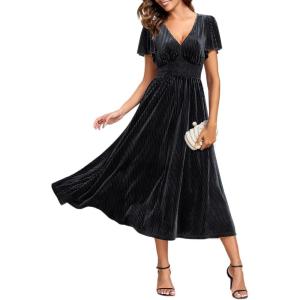 imageEverPretty Womens Fall Winter V Neck Short Sleeves A Line Elastic Waist Midi Length Velvet Wedding Guest Dress 01939Grey Blue