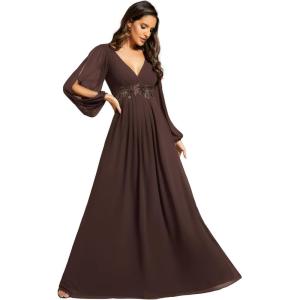 imageEverPretty Womens V Neck Long Lantern Sleeves Floor Length Ruched Chiffon ALine Formal Evening Dress 00461Espresso