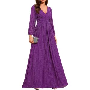 imageEverPretty Womens ALine Formal Wedding Guest Dresses Long Lantern Sleeves Floor Length Glitter Evening GownsSparkling Grape