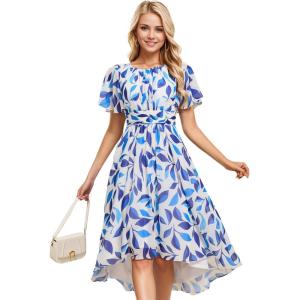 imageEverPretty Womens Chiffon Crew Neck Empire Waist Short Sleeve Semi Formal Dresses Wedding Guest Dress 02053Blue Verdure on White