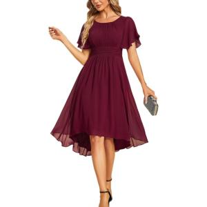 imageEverPretty Womens Chiffon Crew Neck Empire Waist Short Sleeve Semi Formal Dresses Wedding Guest Dress 02053Burgundy