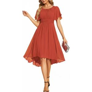 imageEverPretty Womens Chiffon Crew Neck Empire Waist Short Sleeve Semi Formal Dresses Wedding Guest Dress 02053Burnt Orange