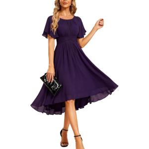 imageEverPretty Womens Chiffon Crew Neck Empire Waist Short Sleeve Semi Formal Dresses Wedding Guest Dress 02053Deep Purple