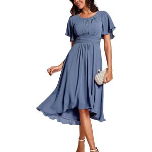 imageEverPretty Womens Chiffon Crew Neck Empire Waist Short Sleeve Semi Formal Dresses Wedding Guest Dress 02053Dusty Navy
