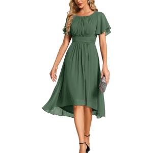 imageEverPretty Womens Chiffon Crew Neck Empire Waist Short Sleeve Semi Formal Dresses Wedding Guest Dress 02053Eucalyptus Green