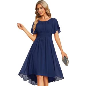 imageEverPretty Womens Chiffon Crew Neck Empire Waist Short Sleeve Semi Formal Dresses Wedding Guest Dress 02053Navy Blue