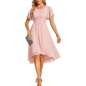 imageEverPretty Womens Chiffon Crew Neck Empire Waist Short Sleeve Semi Formal Dresses Wedding Guest Dress 02053Pink