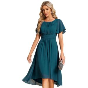 imageEverPretty Womens Chiffon Crew Neck Empire Waist Short Sleeve Semi Formal Dresses Wedding Guest Dress 02053Teal