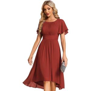imageEverPretty Womens Chiffon Crew Neck Empire Waist Short Sleeve Semi Formal Dresses Wedding Guest Dress 02053Vermilion