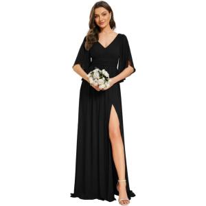 imageEverPretty Womens Elegant V Neck Chiffon Half Sleeves Slit A Line Floor Length Fall Winter Formal Bridesmaid Dress 01886Black