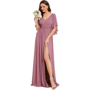 imageEverPretty Womens Elegant V Neck Chiffon Half Sleeves Slit A Line Floor Length Fall Winter Formal Bridesmaid Dress 01886Orchid