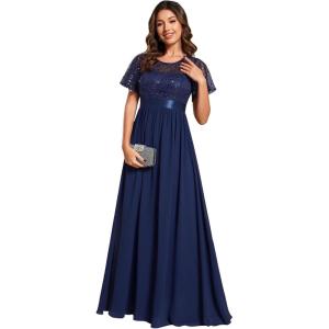imageEverPretty Womens A Line Crew Neck Short Sleeve Sequin Floor Length Semi Formal Dress Navy Blue US6