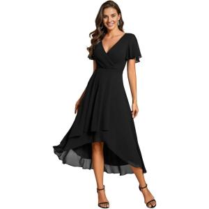 imageEverPretty Womens Chiffon Formal Dresses V Neck Ruffle Sleeves Pleated High Low Wedding Guest Dress 2084Ablack