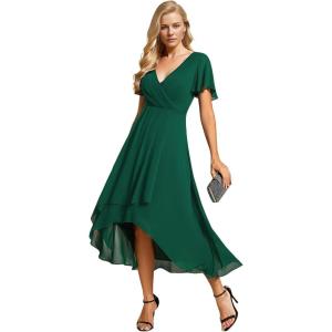 imageEverPretty Womens Chiffon Formal Dresses V Neck Ruffle Sleeves Pleated High Low Wedding Guest Dress 2084Adark Green