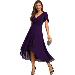 imageEverPretty Womens Chiffon Formal Dresses V Neck Ruffle Sleeves Pleated High Low Wedding Guest Dress 2084Adeep Purple