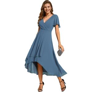 imageEverPretty Womens Chiffon Formal Dresses V Neck Ruffle Sleeves Pleated High Low Wedding Guest Dress 2084Adusty Navy