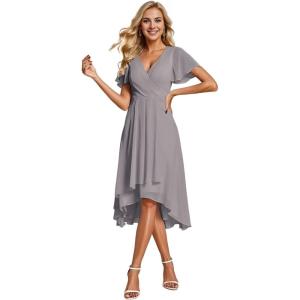imageEverPretty Womens Chiffon Formal Dresses V Neck Ruffle Sleeves Pleated High Low Wedding Guest Dress 2084Agrey