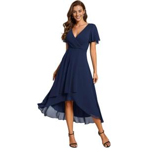 imageEverPretty Womens Chiffon Formal Dresses V Neck Ruffle Sleeves Pleated High Low Wedding Guest Dress 2084Anavy Blue