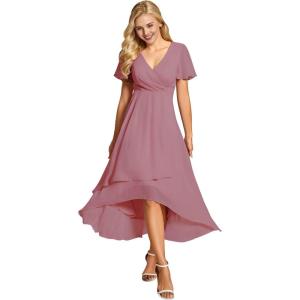 imageEverPretty Womens Chiffon Formal Dresses V Neck Ruffle Sleeves Pleated High Low Wedding Guest Dress 2084Aorchid